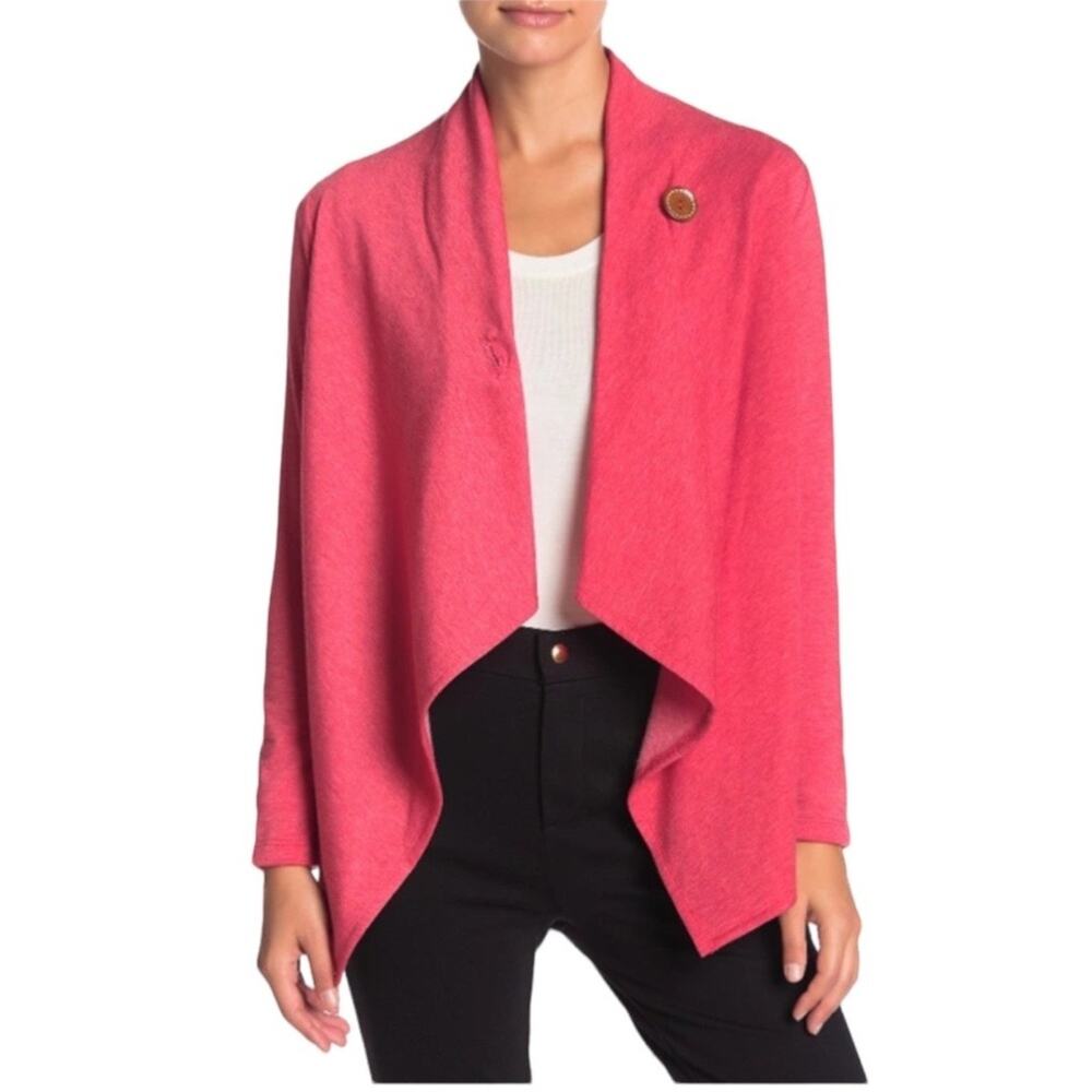 Luxurious Bobeau Petite Medium One Botton Fleece Red Shawl Wrap Sweater Cardigan